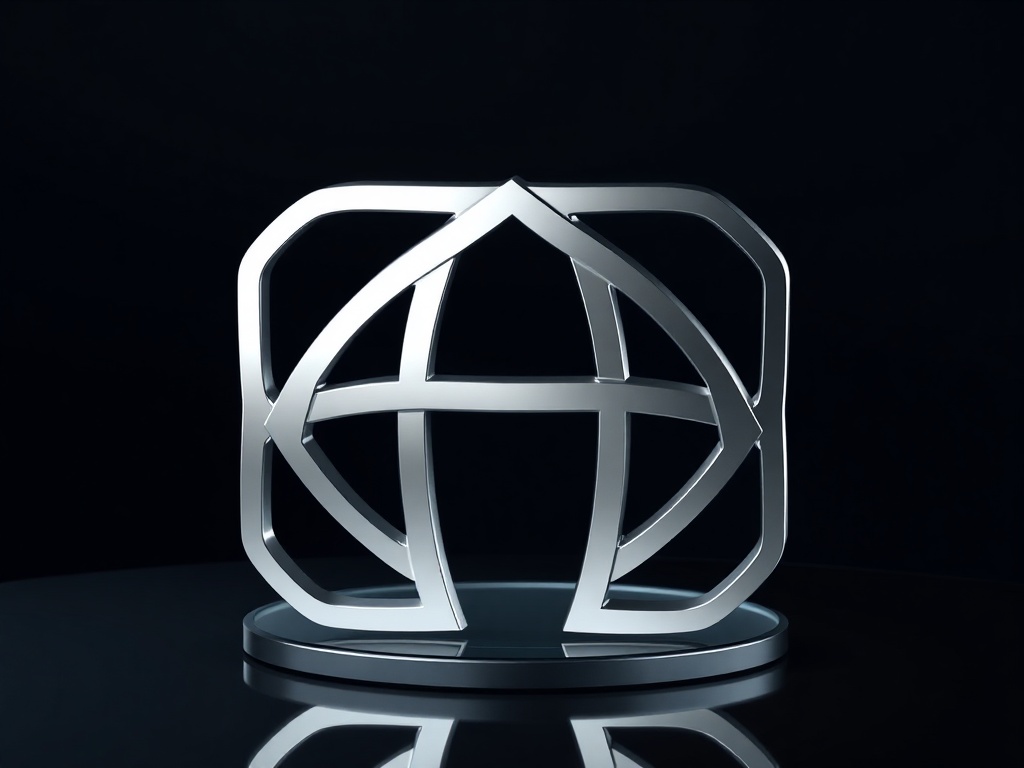 A sleek abstract logo symbol made of interlocking geometric shapes, polished metal material, floating on dark glass, 8k.